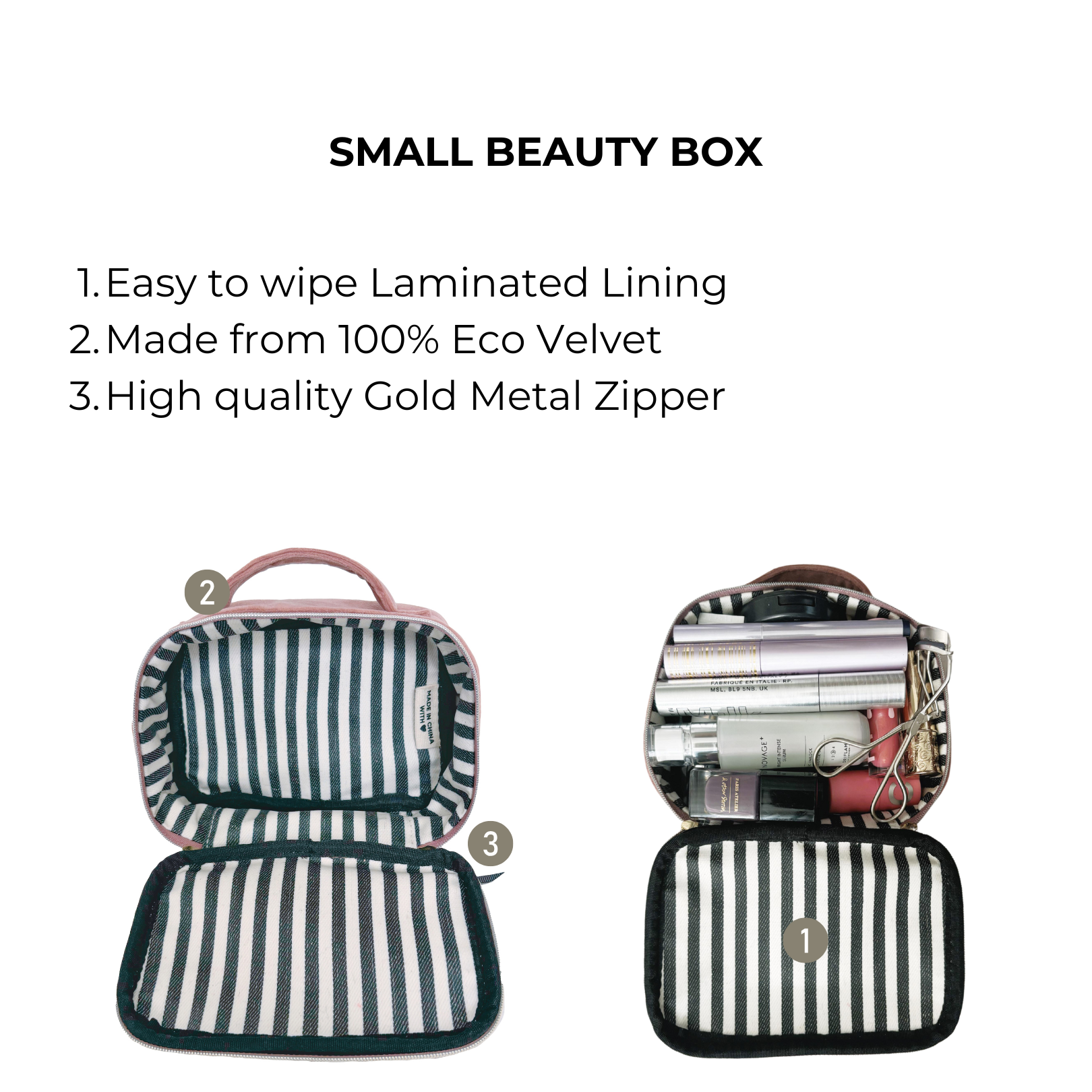 Bag-all Small Beauty Box in Pink Velvet featuring eco-friendly material, striped interior lining, gold zipper, and convenient handle - perfect for organizing makeup and accessories