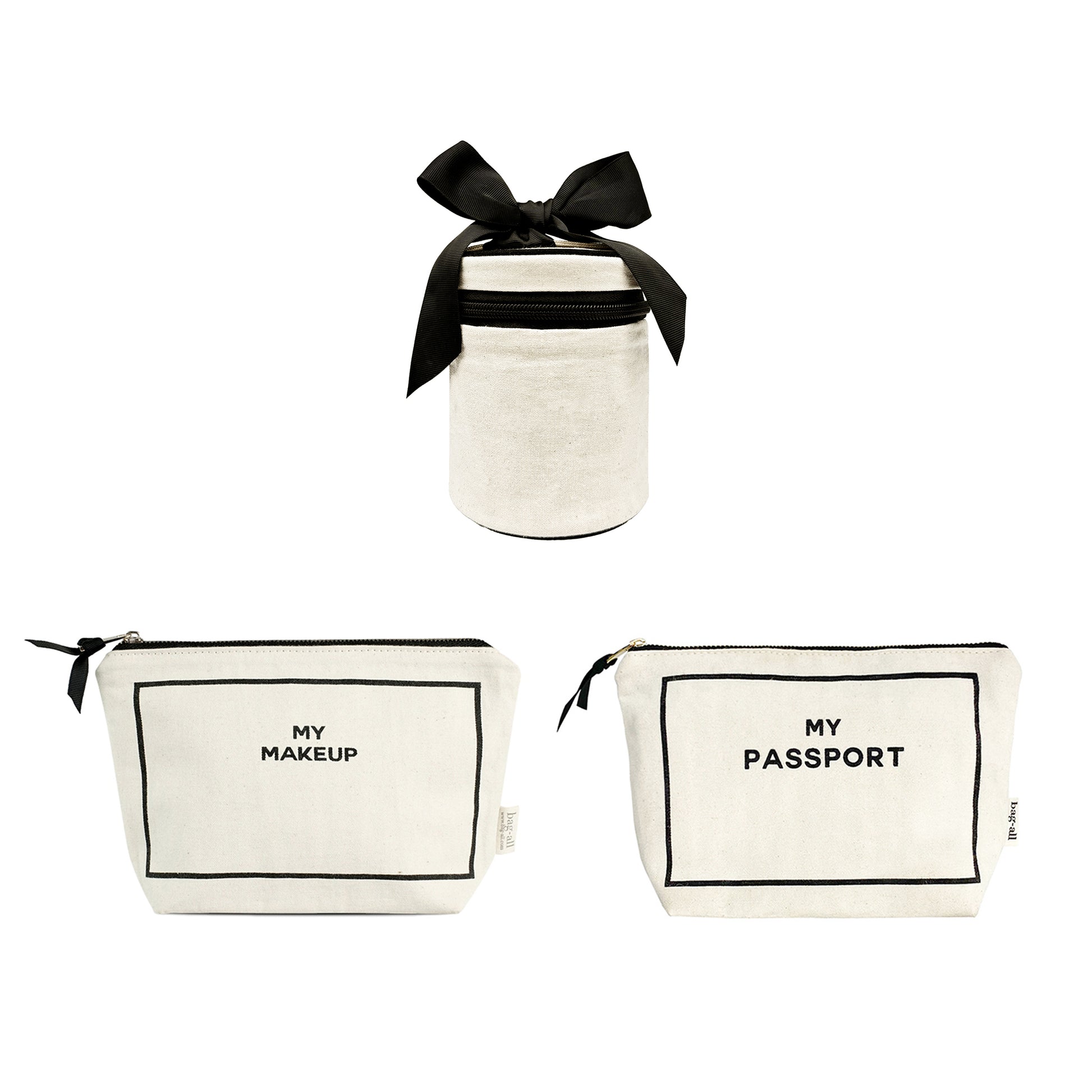Bag-all Carry On Essentials 3-pack set with cream passport, liquid, and makeup organizers perfect for travel storage