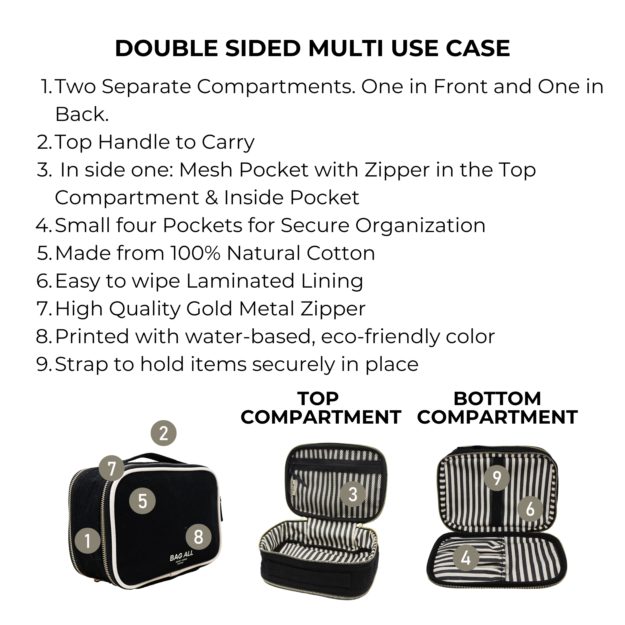 Bag-all Double Sided Multi Use Case in black with dual compartments, mesh pocket, and striped interior. Features gold metal zippers, carry handle, and elastic organizers. Natural cotton construction with waterproof lining.