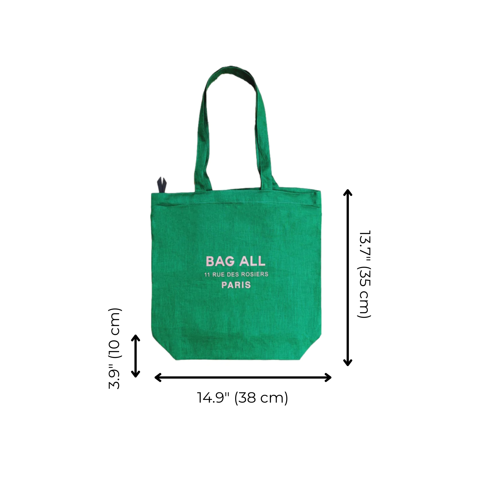 Bag-all Paris Le Marais green linen tote bag with zipper and interior pocket, featuring white logo, measurements 38x55cm, eco-friendly everyday carry solution