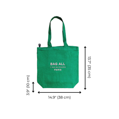 Bag-all Paris Le Marais green linen tote bag with zipper and interior pocket, featuring white logo, measurements 38x55cm, eco-friendly everyday carry solution