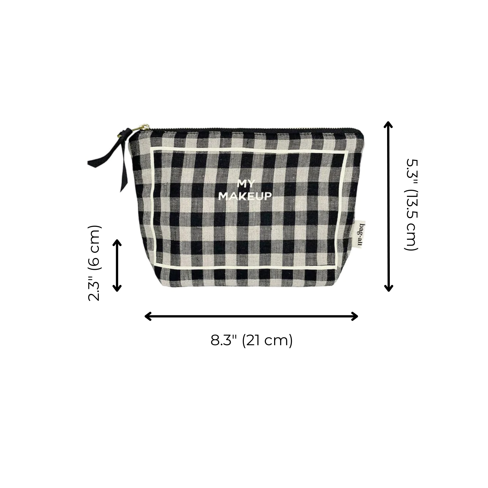 Best Makeup Bag – Gingham cotton makeup pouch in black and white check, personalized for stylish travel organization by Bag-all Paris design.