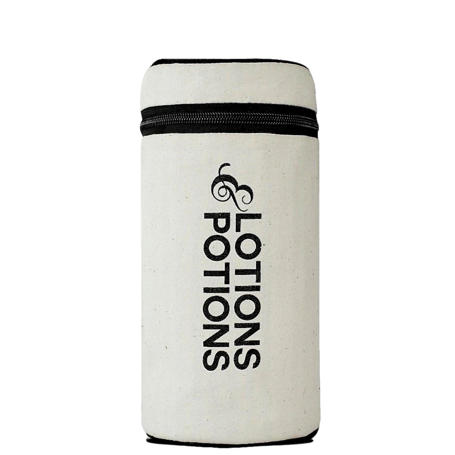 Bag-all Stylish Beach Essential Set cream cotton organizing bag with black zipper showing Lotions & Potions text print, part of 3-pack waterproof beach accessories
