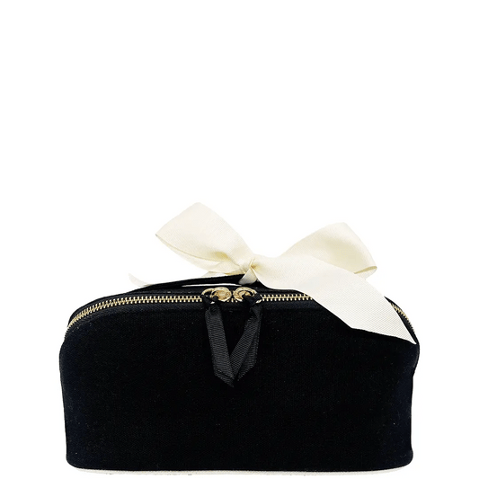 Bag-all elegant black velvet makeup case with cream silk bow and gold zipper - luxurious cosmetic storage pouch for beauty essentials