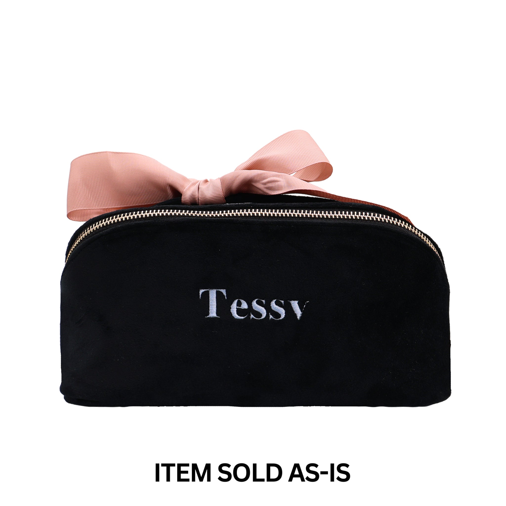 SALES BIN - Accordion Box Makeup & Toiletry – Eco Velvet – Jetset Black with pink bow and personalized name embroidery for travel organization by Bag-all
