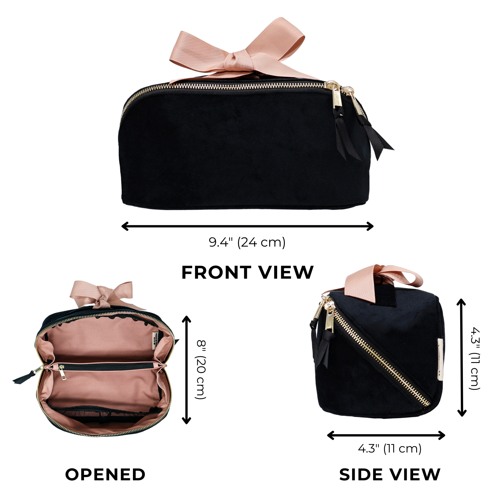 Bag-all expandable black eco velvet makeup bag with pink interior, gold zippers, and ribbon handle for stylish organization