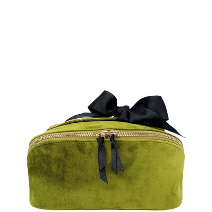 Bag-all Velvet Vanity Case in olive green with black bow and zipper detail, perfect for luxurious travel organization and beauty storage