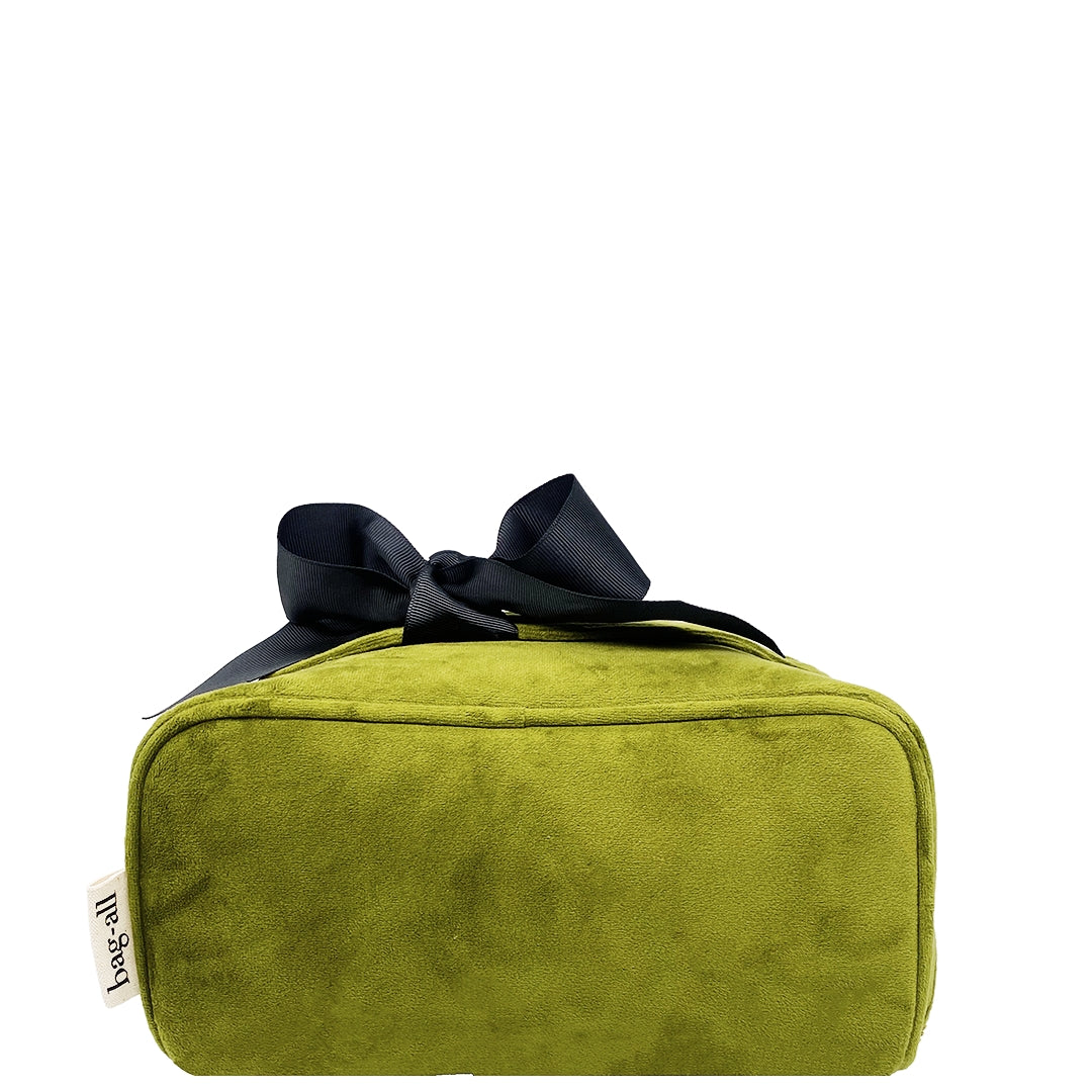 Bag-all velvet travel makeup case in olive green with black bow, luxurious cosmetic organizer perfect for beauty essentials and storage