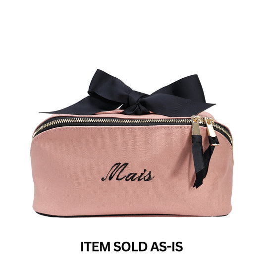 Bag-all pink expandable makeup pouch with black ribbon tie, gold zippers, and custom embroidery final sale item