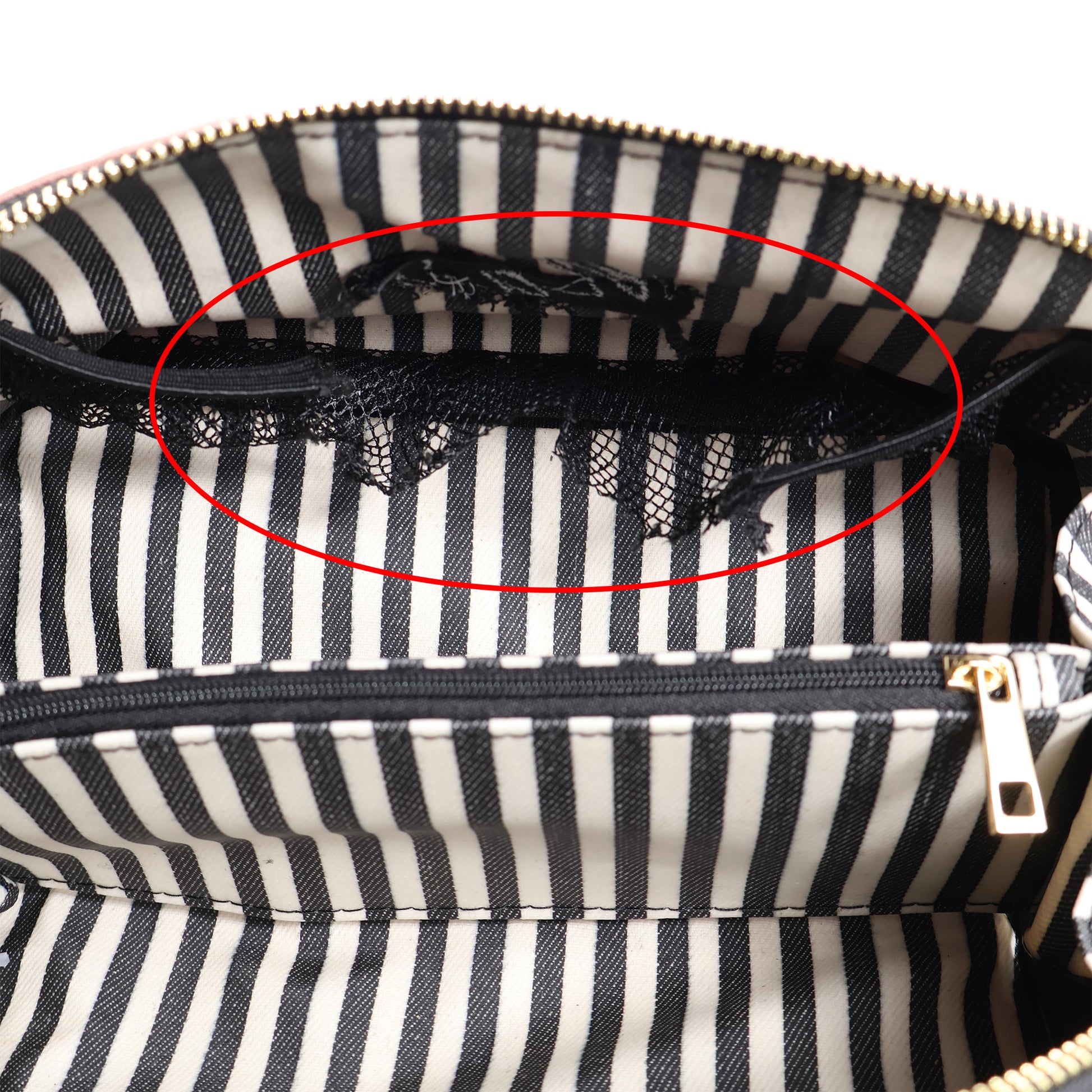 Bag-all pink blush expandable makeup bag interior with striped lining, mesh pocket, and gold zipper detail final sale item