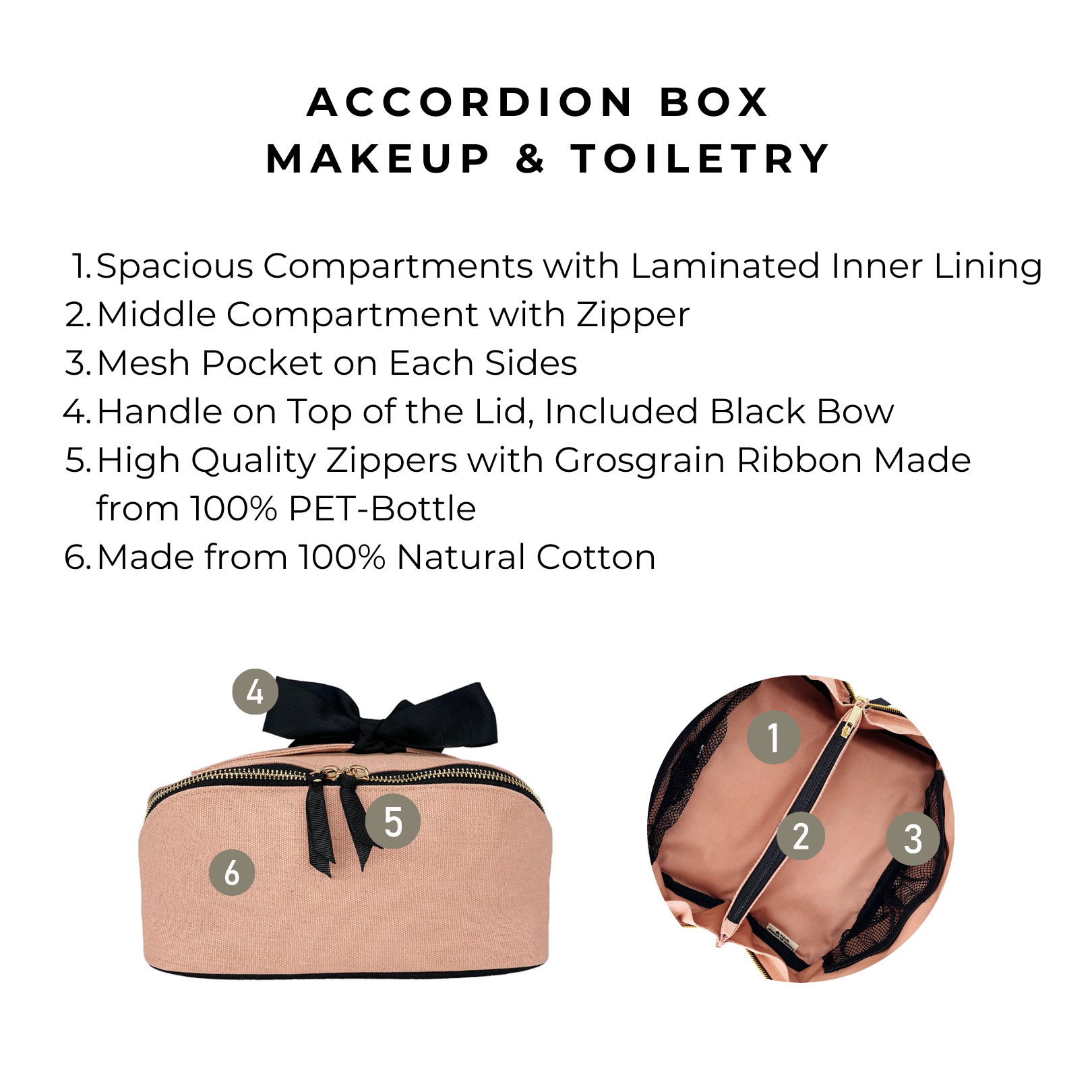 Bag-all's Accordion Box Makeup & Toiletry case in blush pink with black bow, featuring spacious compartments, laminated lining, and eco-friendly zippers made from recycled PET bottles
