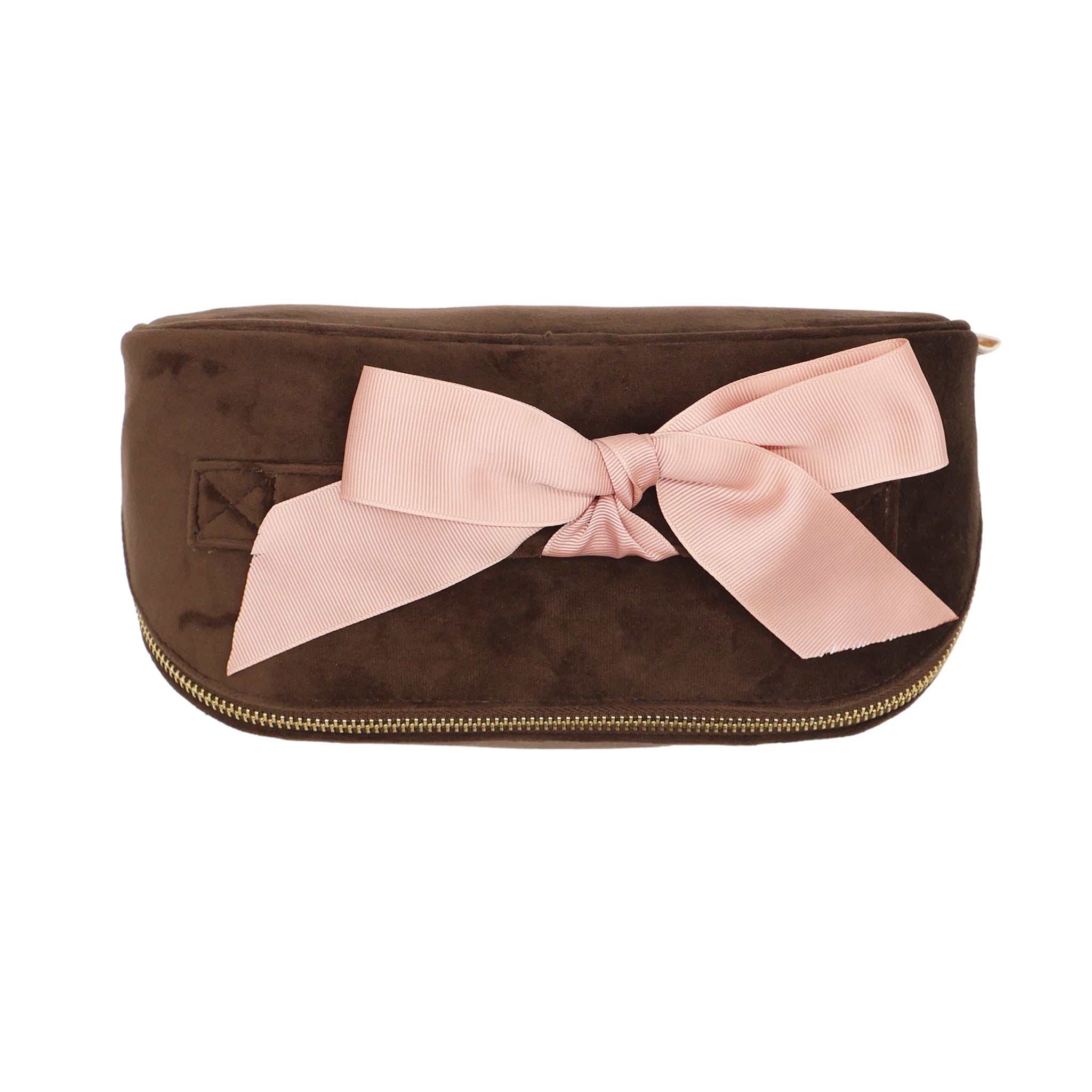 Accordion Box Makeup & Toiletry – Eco Velvet – Espresso Brown featuring a soft velvet finish and a pink fabric bow for stylish, personalized travel organization by Bag-all.