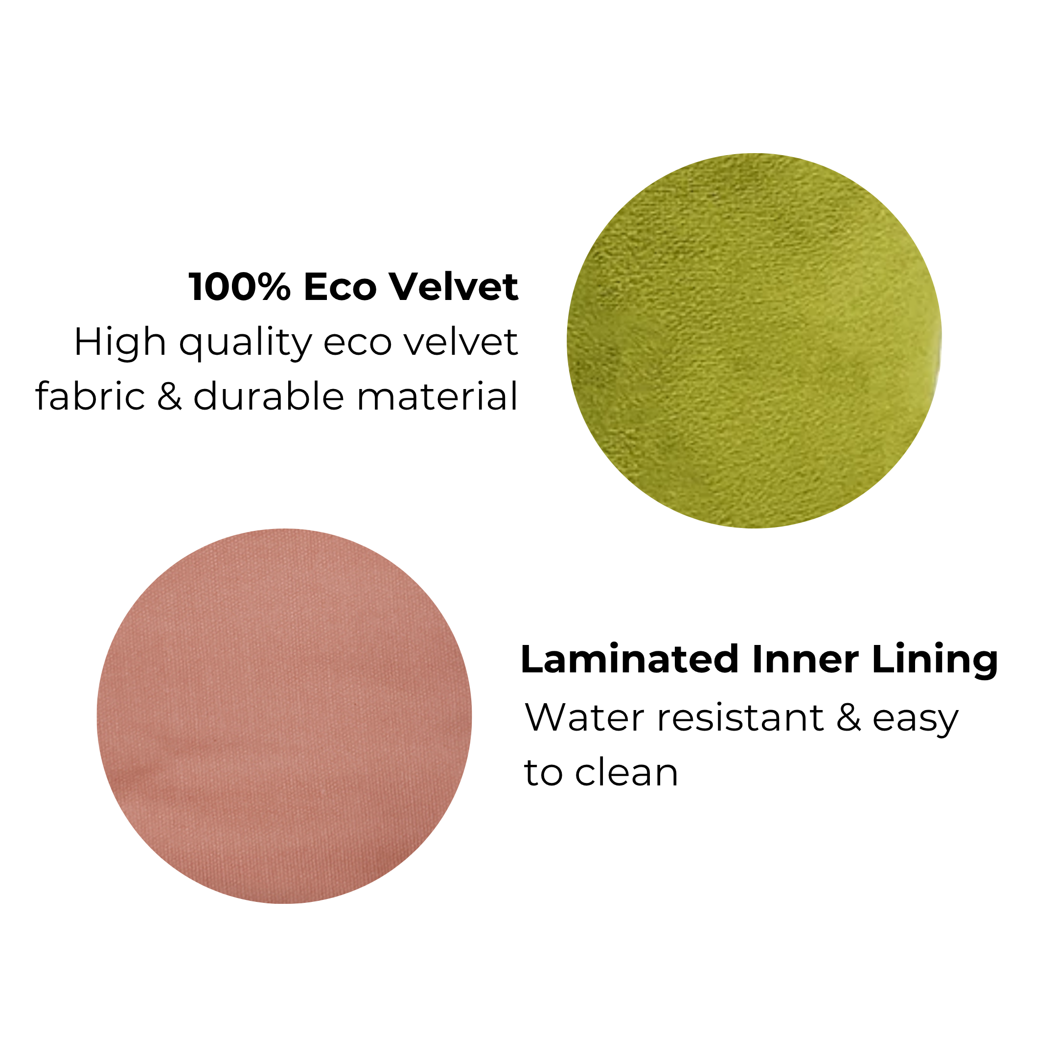 Close-up textures of Accordion Box Makeup & Toiletry – Eco Velvet – Matcha Green showing eco velvet fabric and water-resistant laminated lining for easy cleaning.