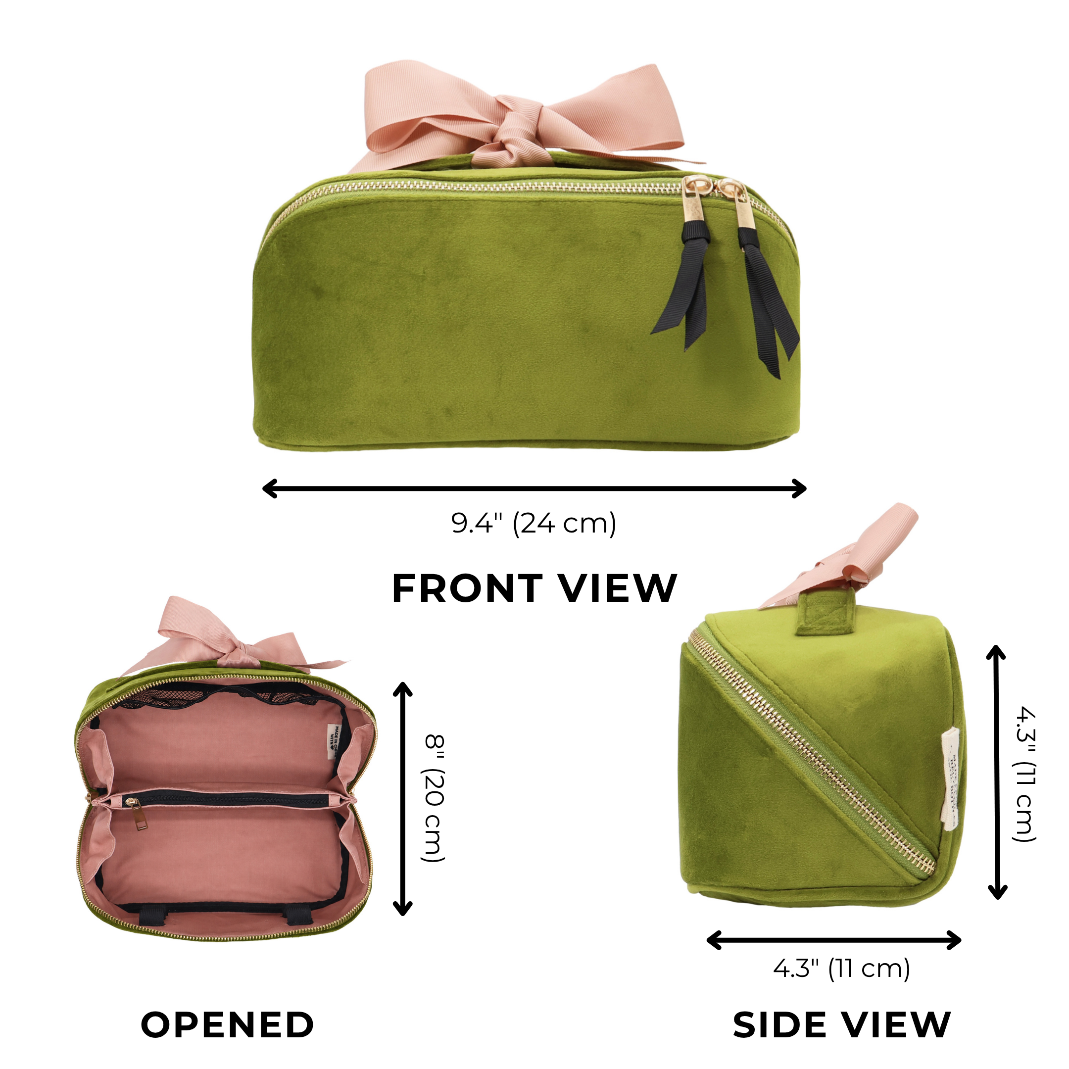 Accordion Box Makeup & Toiletry – Eco Velvet – Matcha Green in velvet with gold zippers and pink bow, perfect for personalized travel organization by Bag-all.