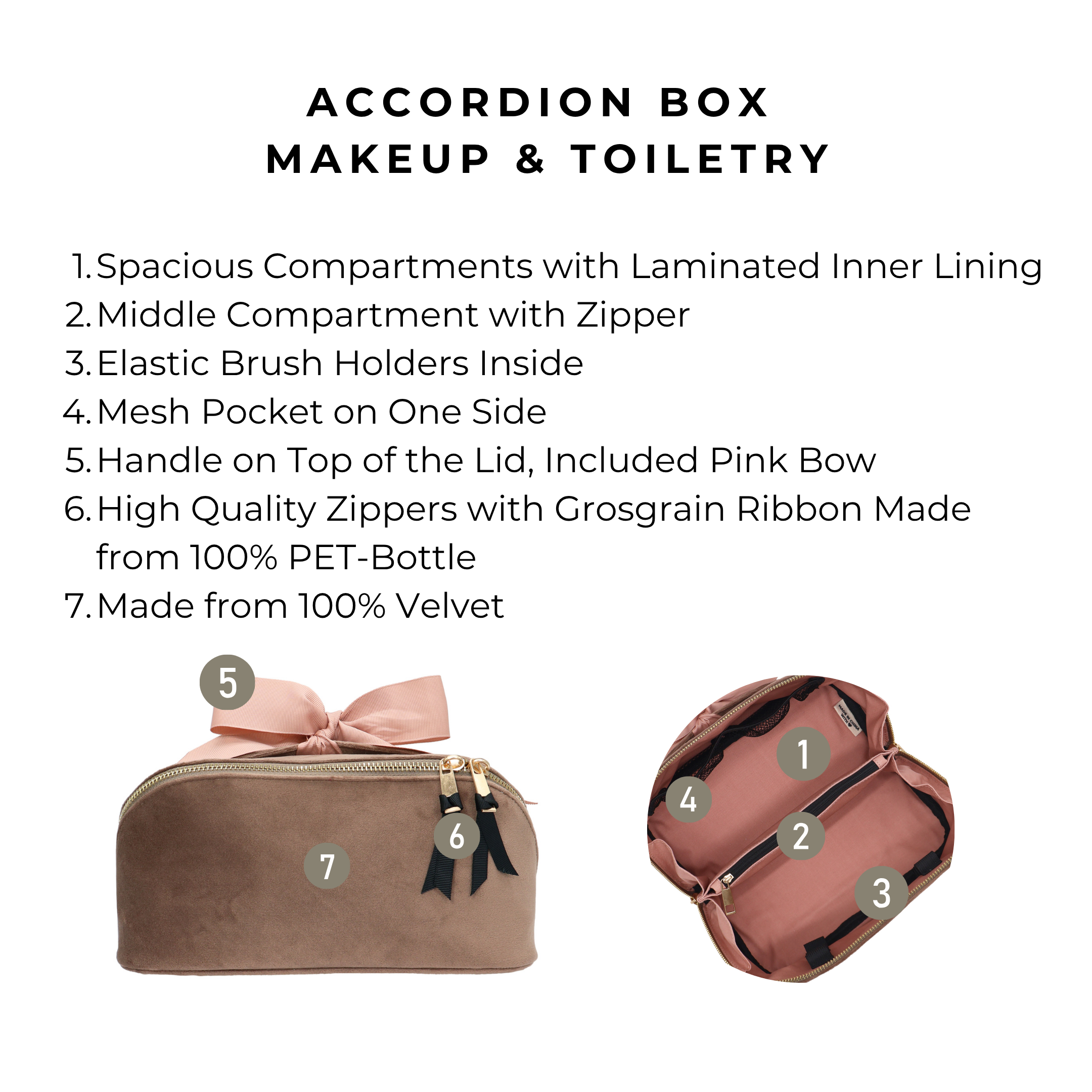 Accordion Box Makeup & Toiletry – Eco Velvet – Latte Taupe with spacious compartments, laminated lining, elastic brush holders, mesh pocket, and pink bow by Bag-all.