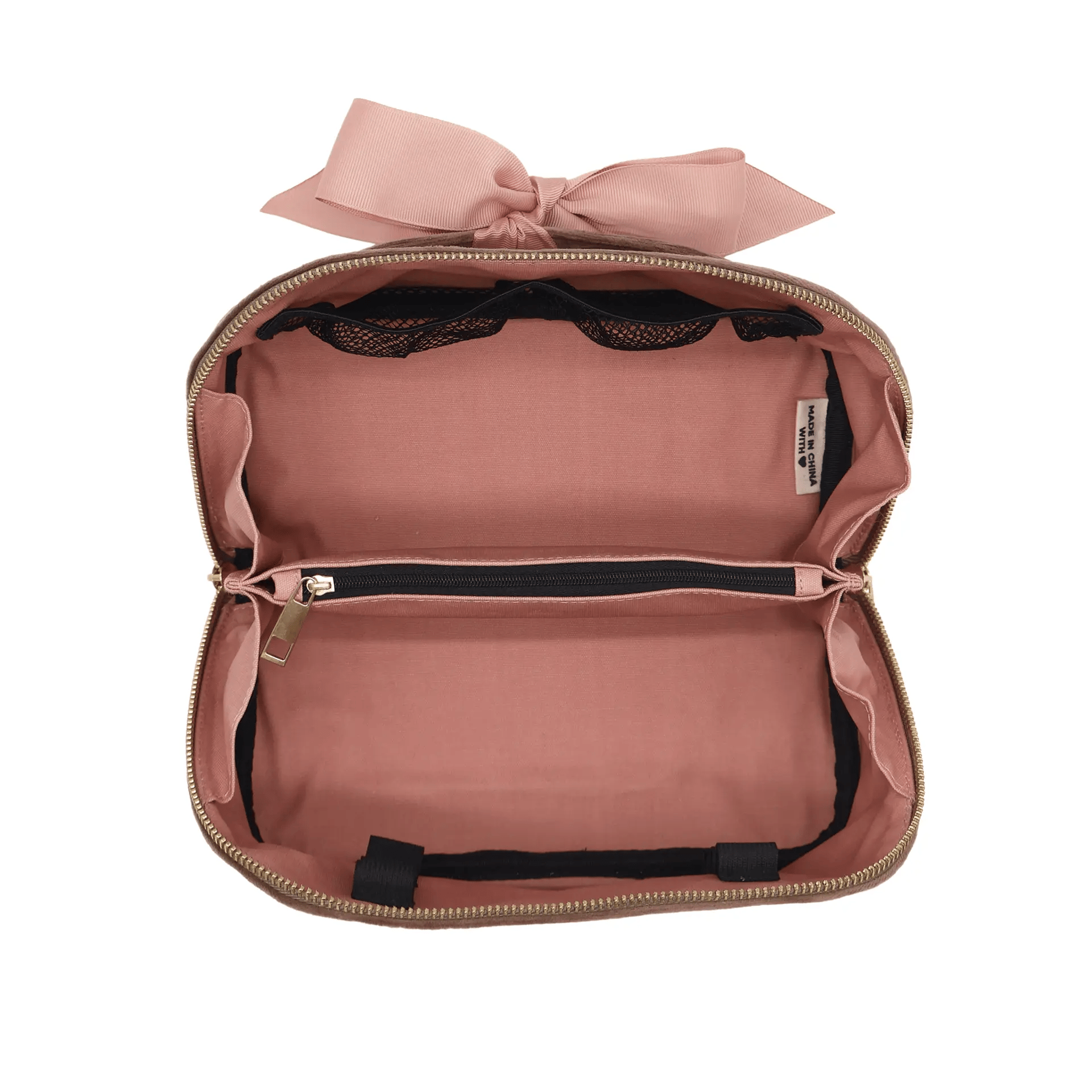 Accordion Box Makeup & Toiletry – Eco Velvet – Latte Taupe with spacious compartments, zippered pocket, and soft pink fabric bow by Bag-all for organized travel.