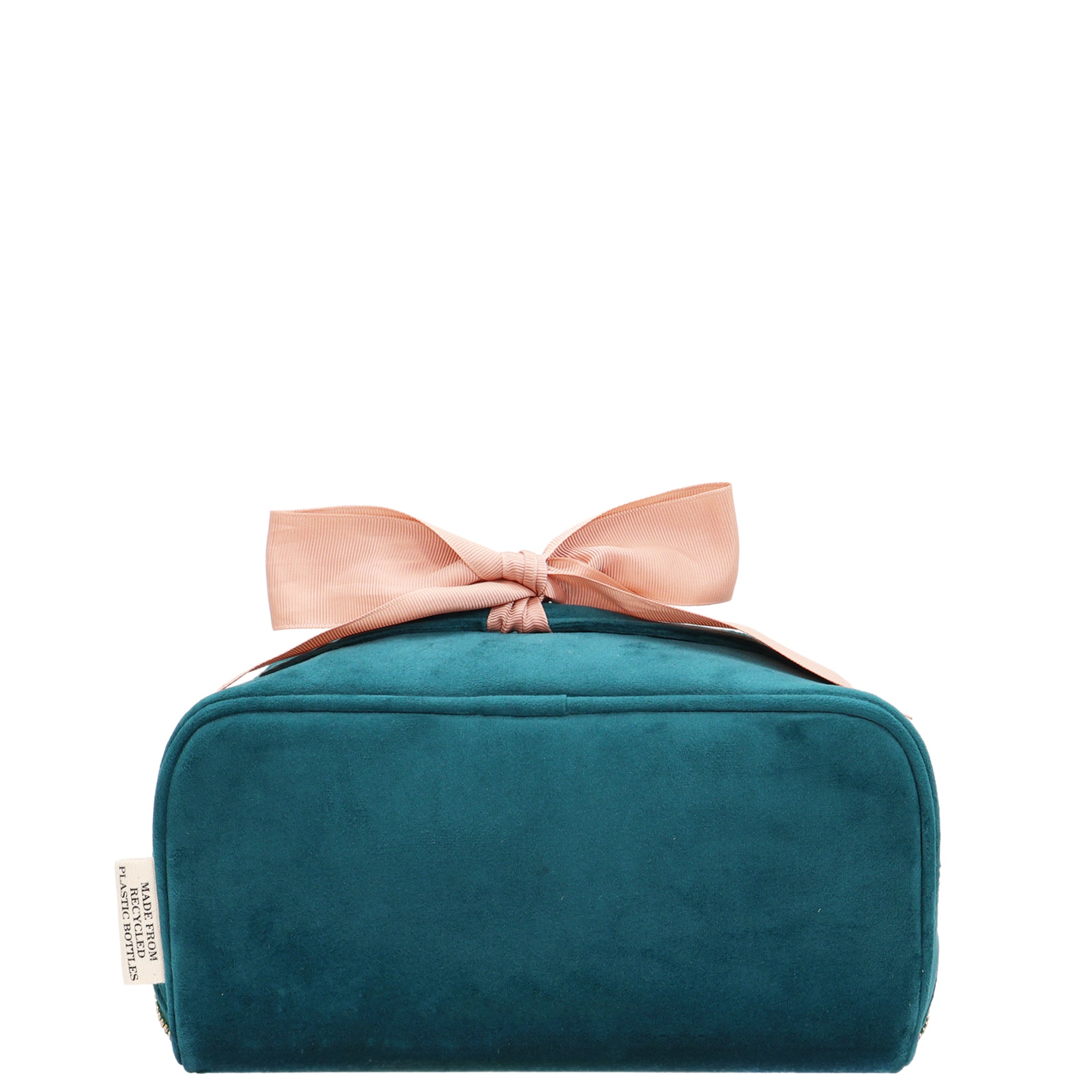 Accordion Box Makeup & Toiletry – Eco Velvet – Aqua Teal with soft pink bow, plush velvet texture for stylish personalized travel organization by Bag-all.