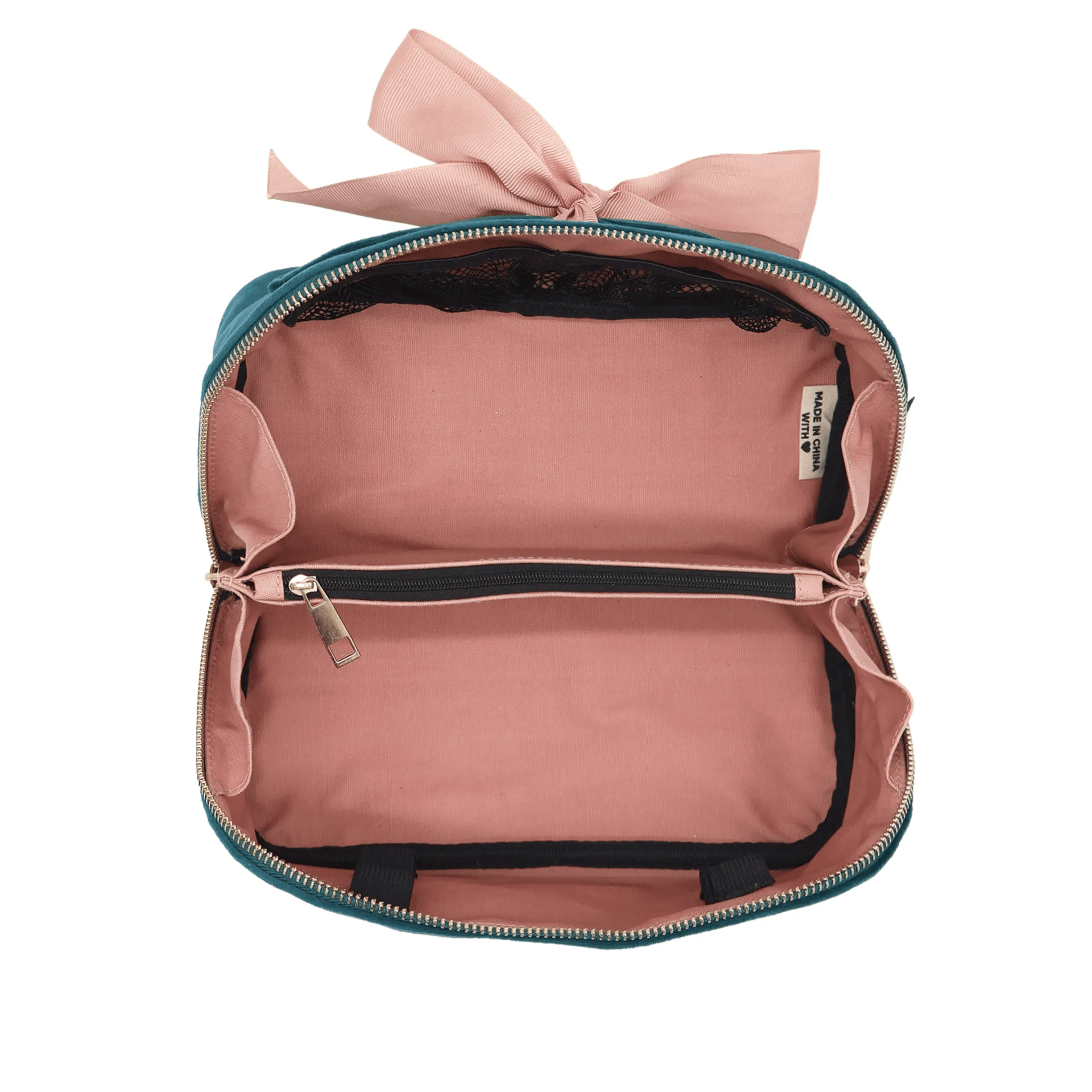 Accordion Box Makeup & Toiletry – Eco Velvet – Aqua Teal by Bag-all features roomy compartments and a soft pink bow for stylish personalized travel organization.