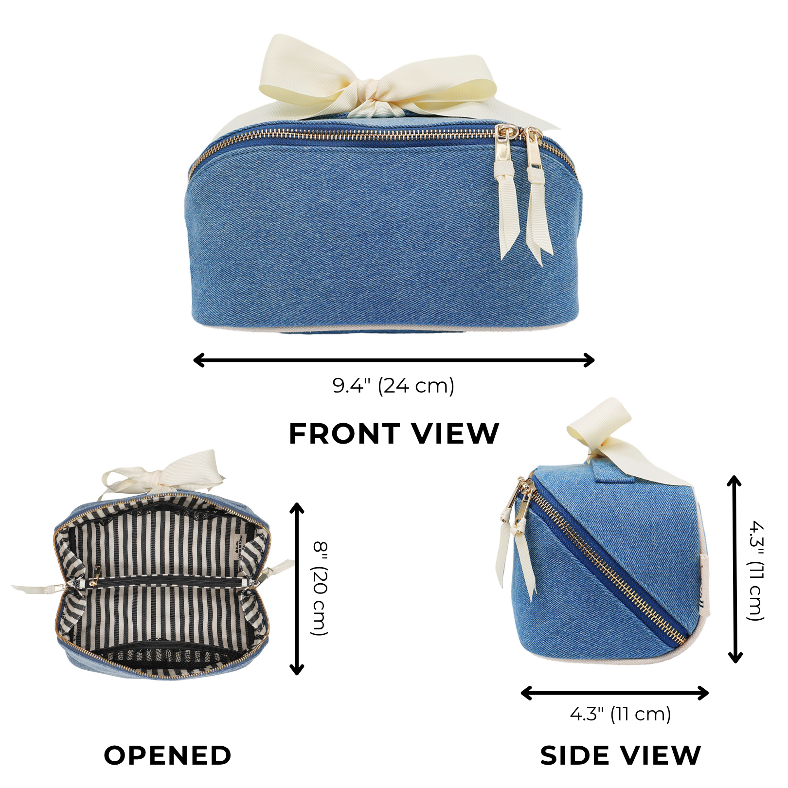 Bag-all expandable denim makeup bag with gold zipper and striped interior, perfect for stylish organizing and travel.