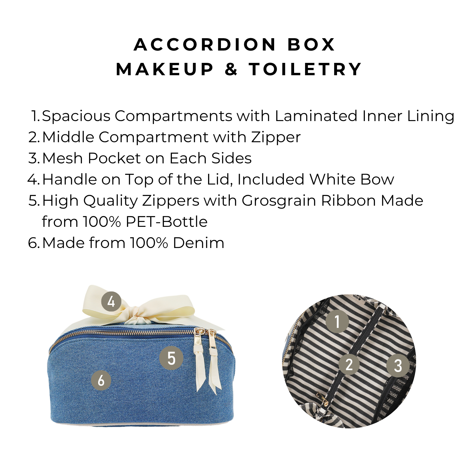 Bag-all denim expandable makeup bag with spacious compartments, striped lining, gold zippers, and durable grosgrain ribbon handle.