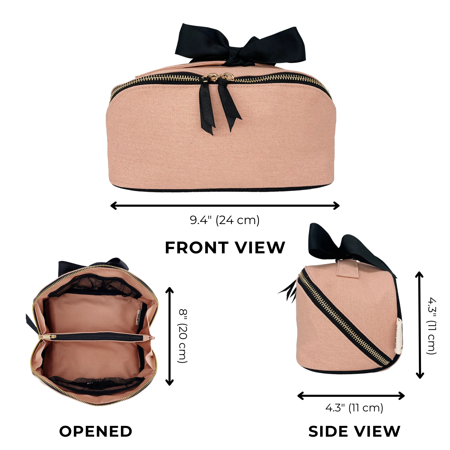 Bag-all expandable organizing makeup bag in pink blush with black bow, zippered compartments, and spacious interior design