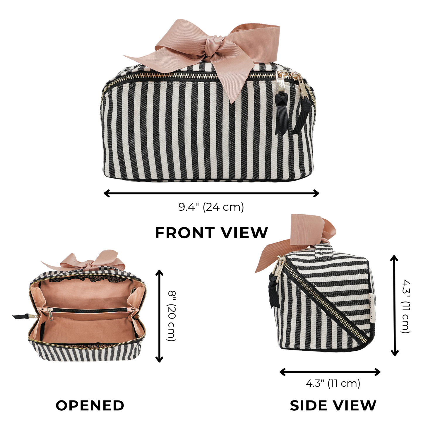 Bag-all organizing makeup bag expandable striped with pink bow, gold zipper, and cotton lining for stylish storage