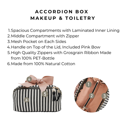 Bag-all expandable striped Accordion Box makeup bag with spacious compartments, zipped middle, pink bow, and durable cotton design