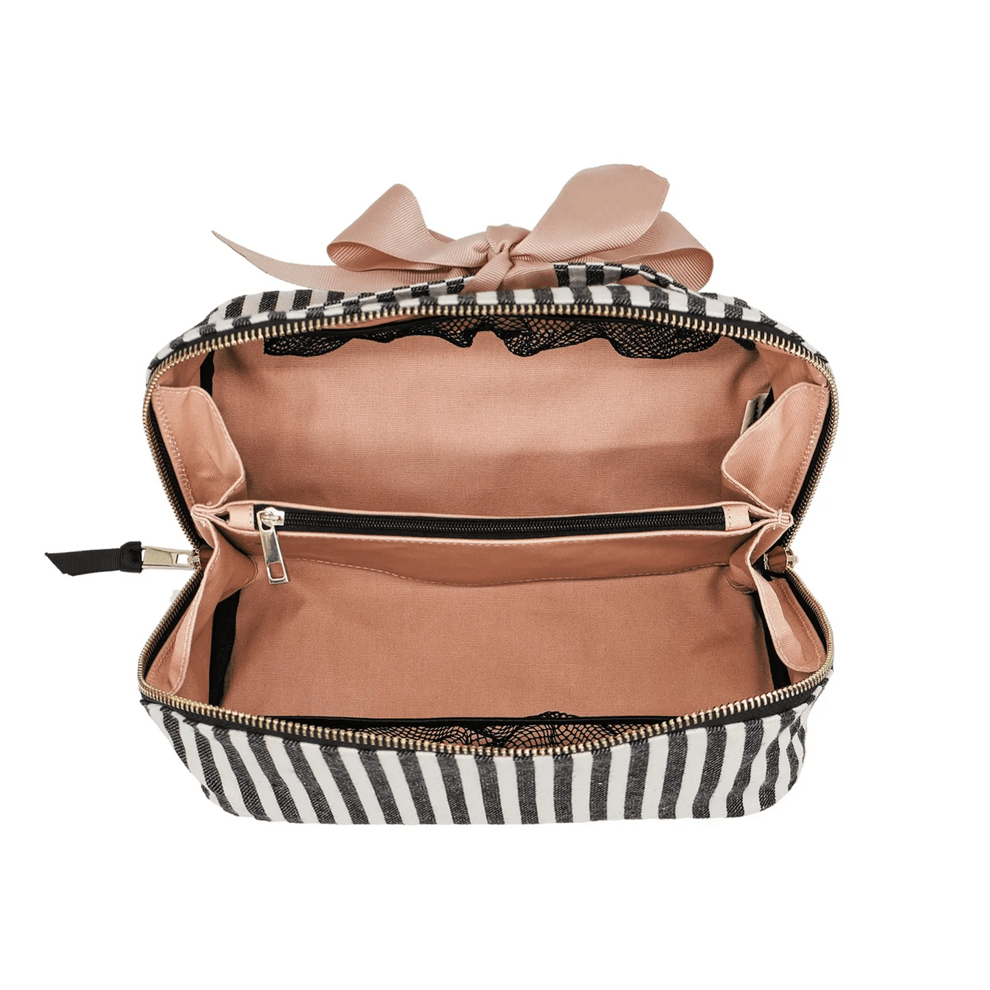 Expandable striped makeup bag open showing pink lining and compartments with gold zipper by Bag-all