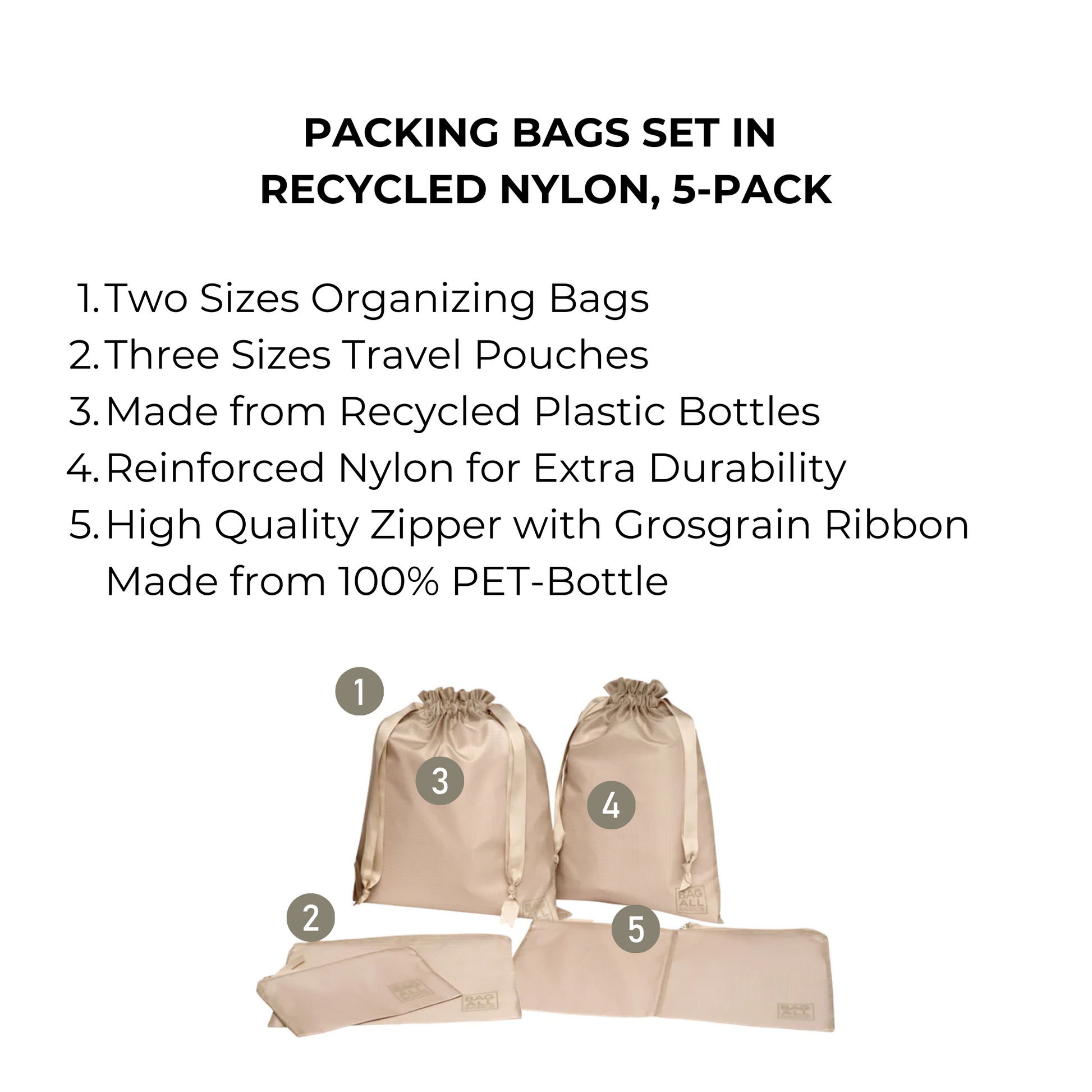 Packing Bags Set in Recycled Nylon, 5-pack, Taupe | Bag-all