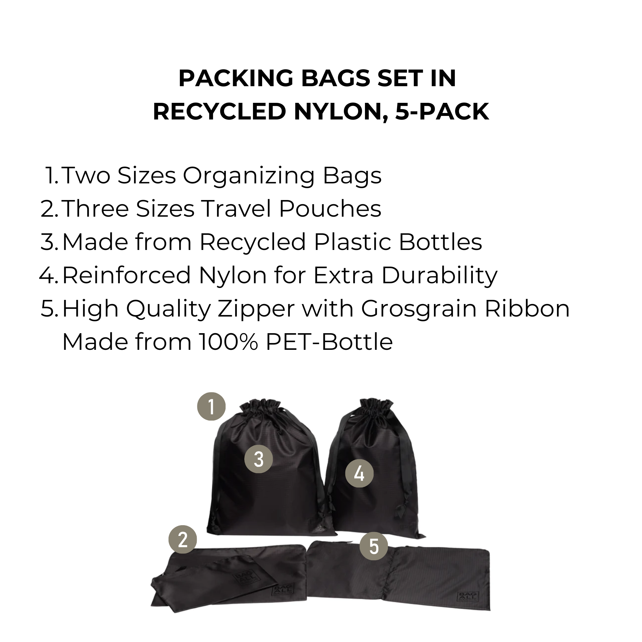 Packing Bags Set in Recycled Nylon, 5-pack, Black | Bag-all