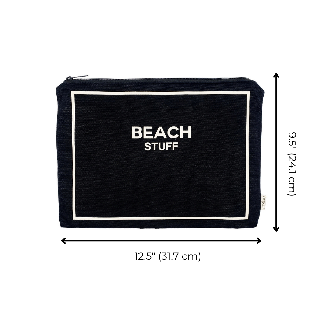 Bag-all Monogram Beach Pouch in black cotton with white border, featuring "BEACH STUFF" text. Waterproof organized storage for beach essentials, 12.5 x 9.5 inches