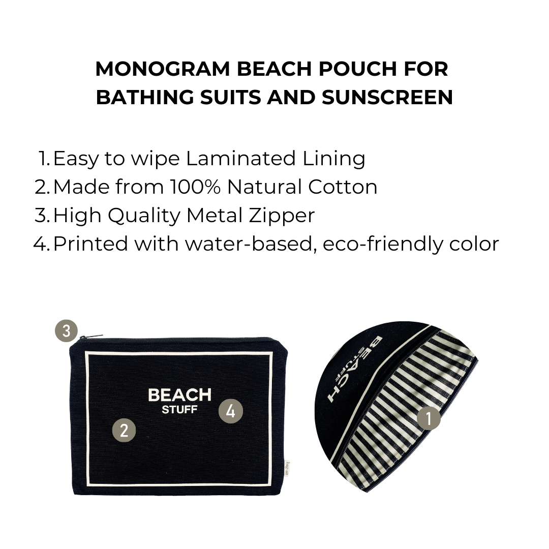 Bag-all Monogram Beach Pouch in black cotton with waterproof lining, metal zipper, and BEACH STUFF text - perfect for organizing bathing suits and sunscreen essentials