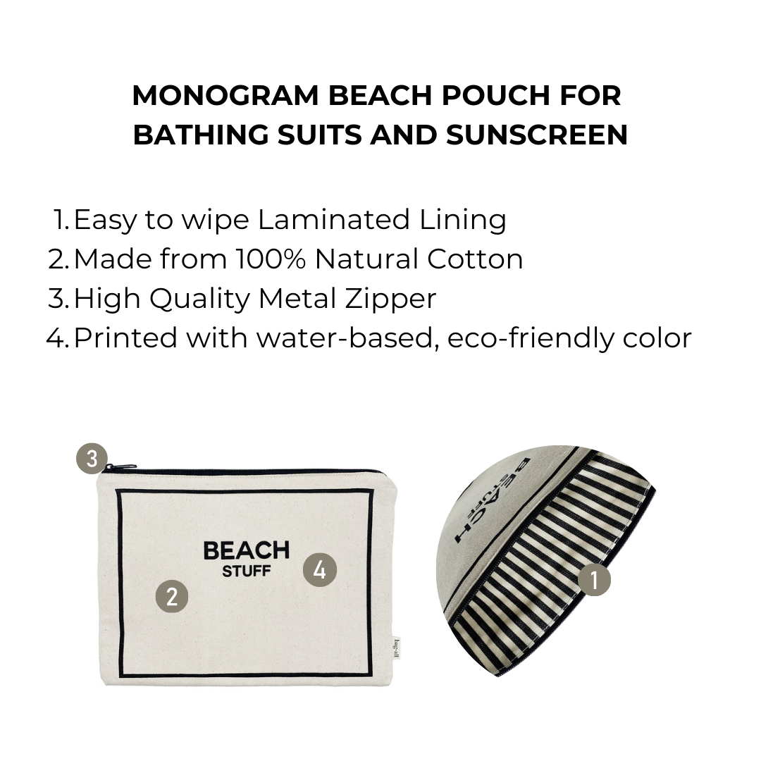 Bag-all Monogram Beach Pouch in cream cotton with waterproof lining, metal zipper, and 'Beach Stuff' print, perfect for organizing bathing suits and sunscreen essentials