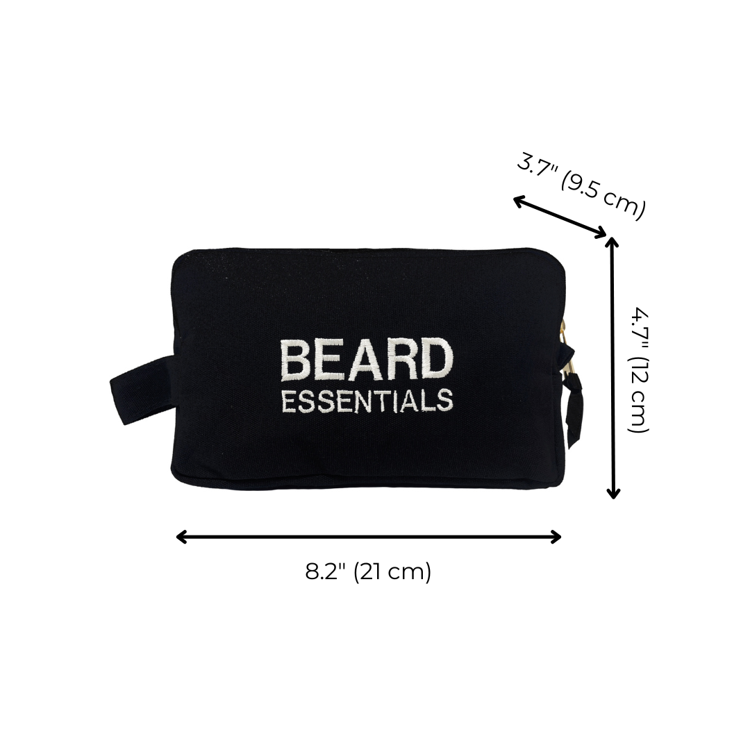 Bag-all Beard Essentials black cotton organizer case with measurements 8.2" x 4.7", perfect for storing grooming tools and travel accessories