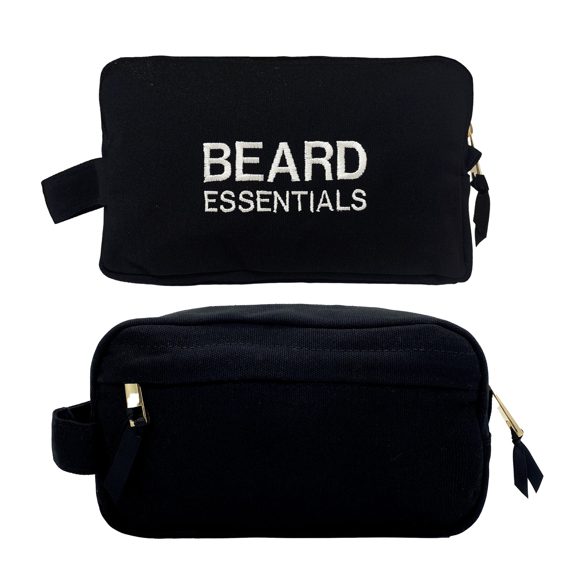 Black Beard Essentials pouch with white embroidery and gold zipper details by Bag-all front and back views