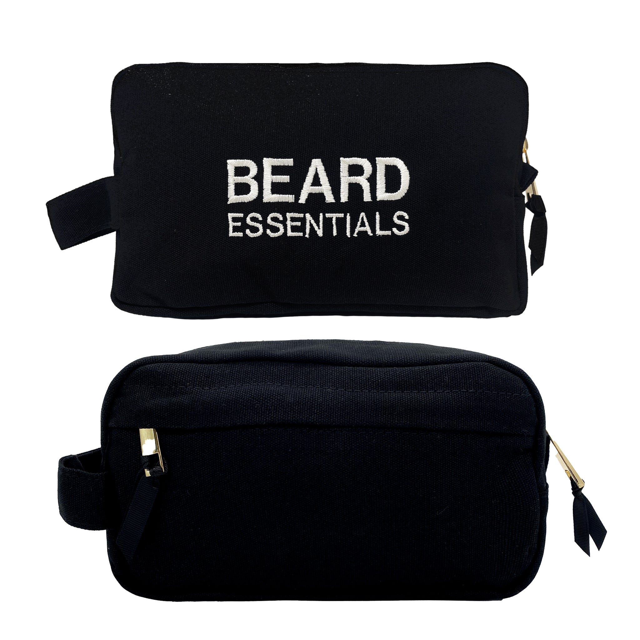 Black Beard Essentials pouch with white embroidery and gold zipper details by Bag-all front and back views