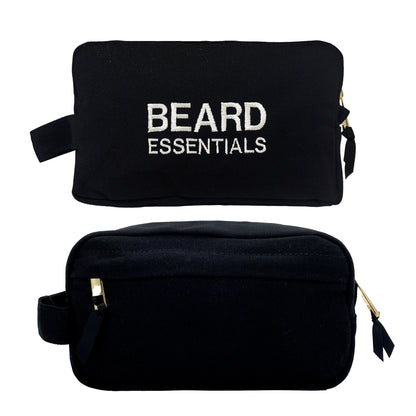 Black Beard Essentials pouch with white embroidery and gold zipper details by Bag-all front and back views