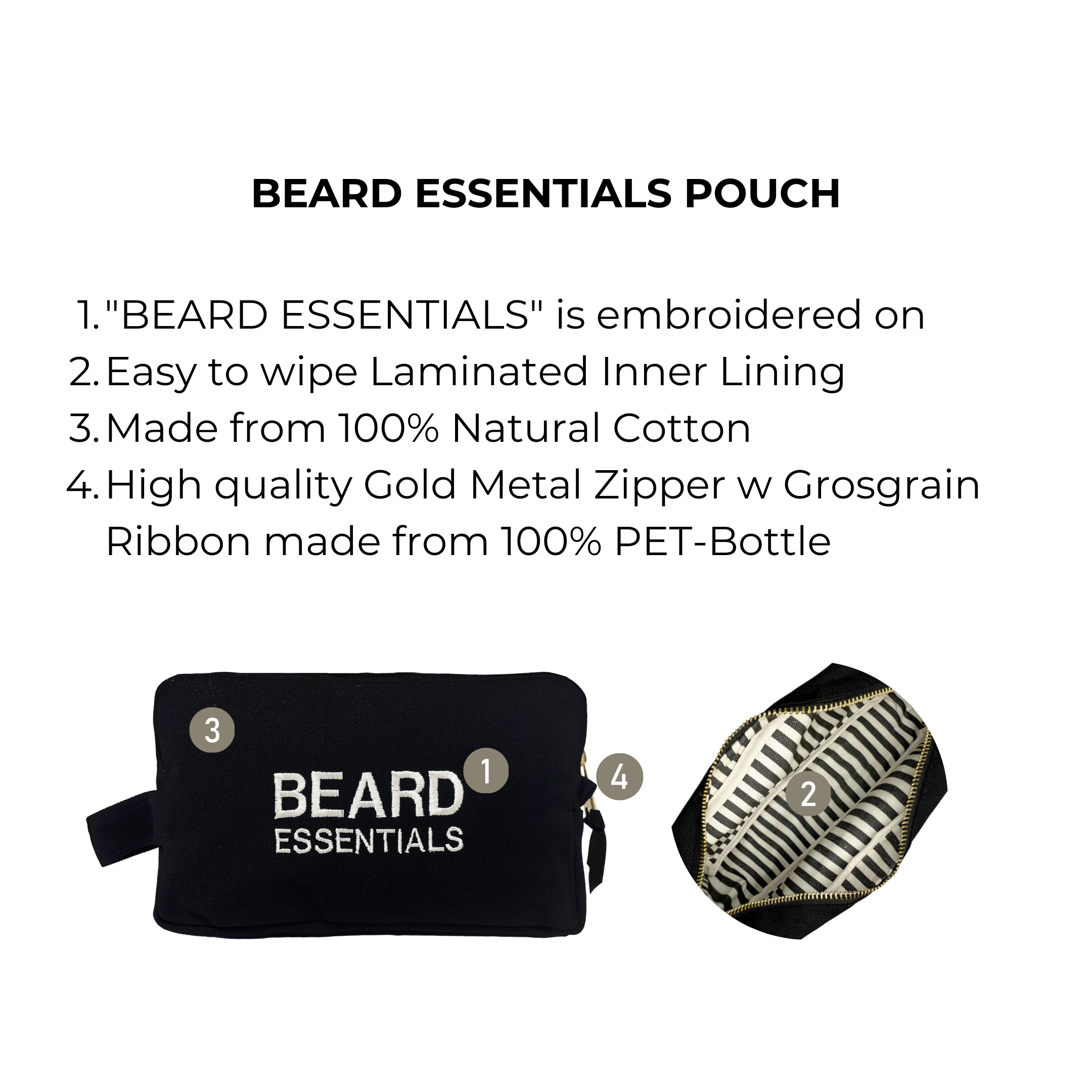 Bag-all Beard Essentials Pouch - Black cotton organizer with embroidered text, laminated interior and eco-friendly gold zipper for grooming supplies storage