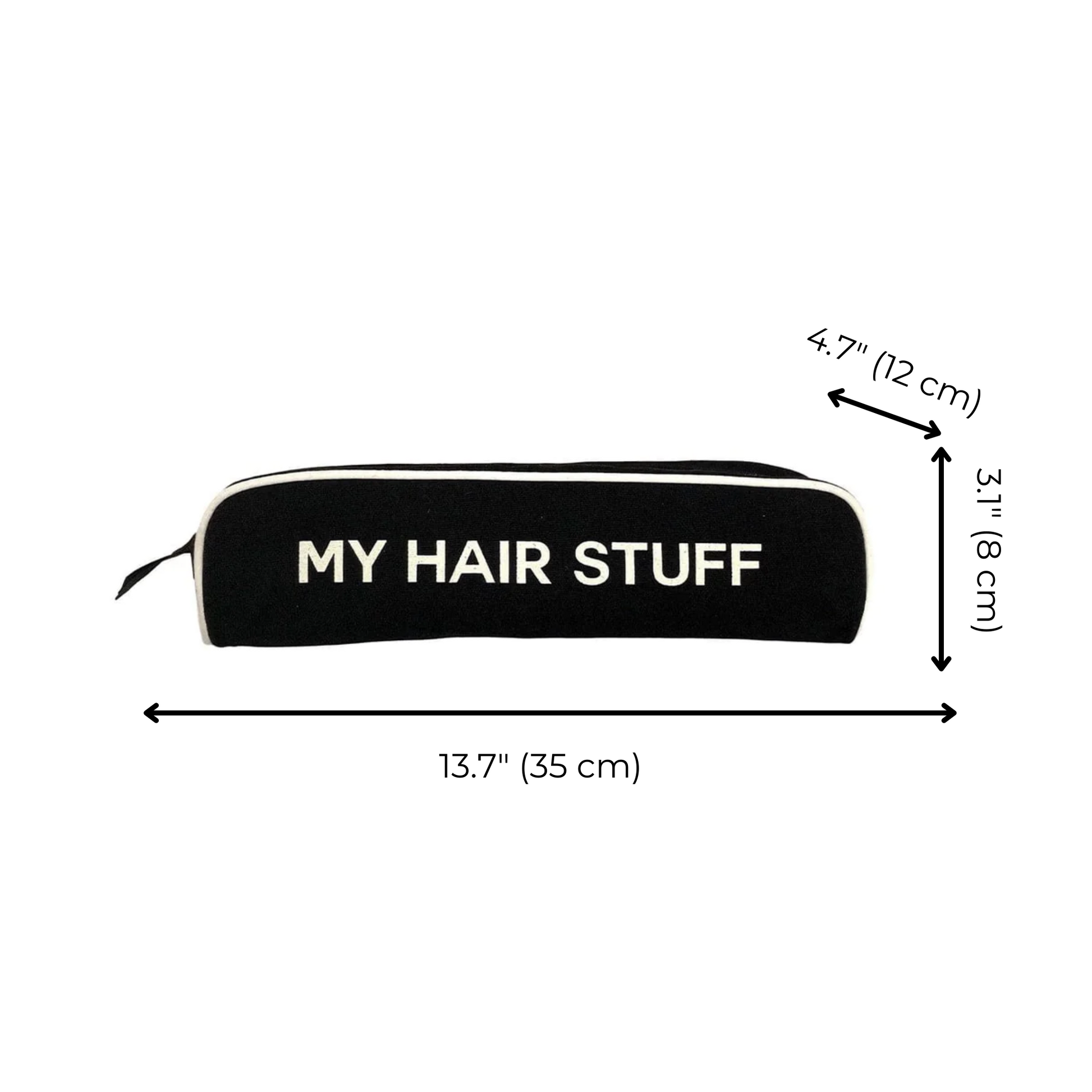 Bag-all Hair Stuff Travel Case in black, heat-resistant organizer for styling tools, measurements 13.7 x 4.7 x 3.1 inches, with white text "MY HAIR STUFF