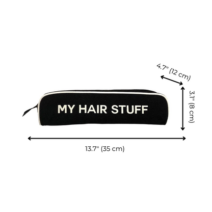 Bag-all Hair Stuff Travel Case in black, heat-resistant organizer for styling tools, measurements 13.7 x 4.7 x 3.1 inches, with white text "MY HAIR STUFF