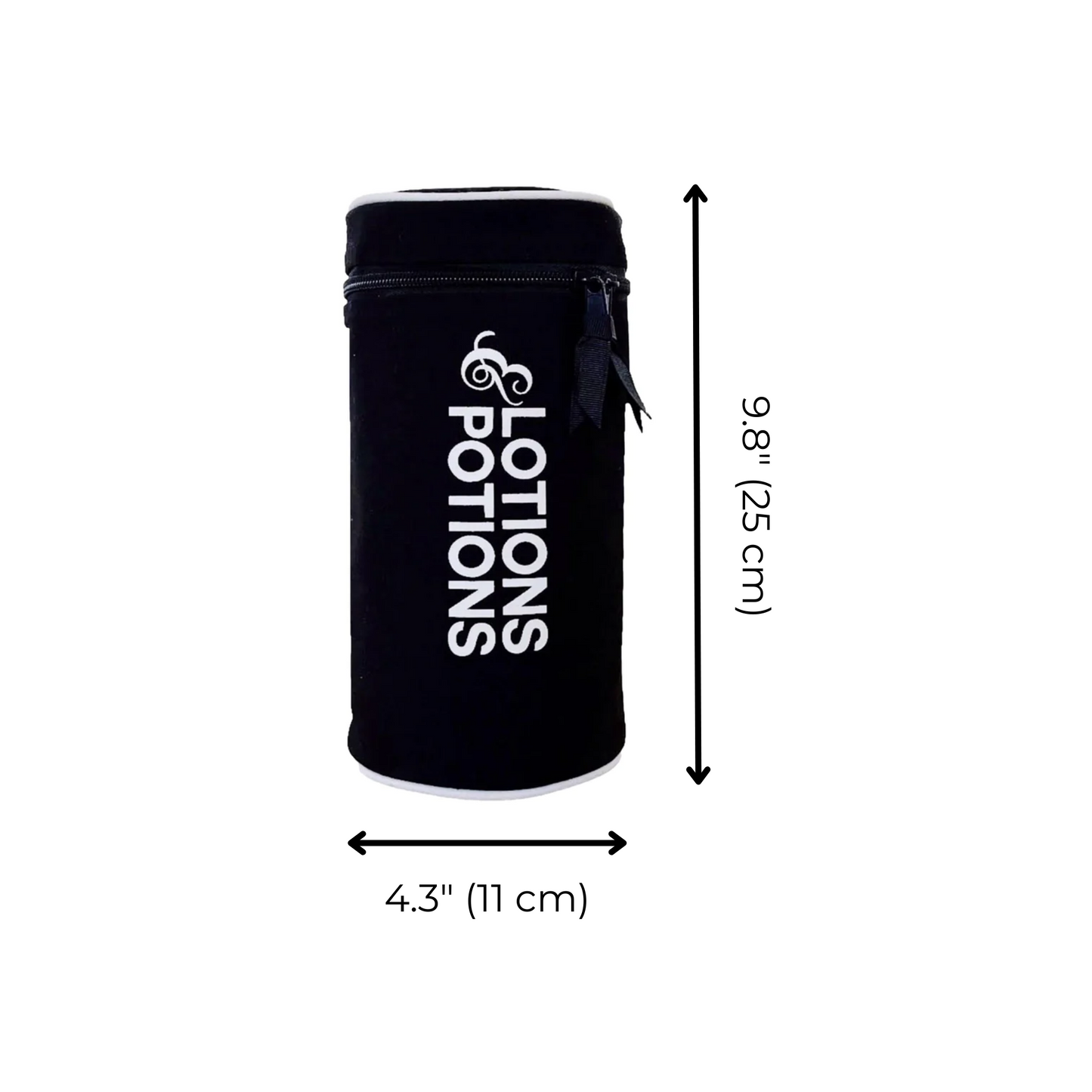 Bag-all Lotions & Potions black waterproof travel case with white text logo, measuring 25cm height and 11cm width, perfect for organizing toiletries