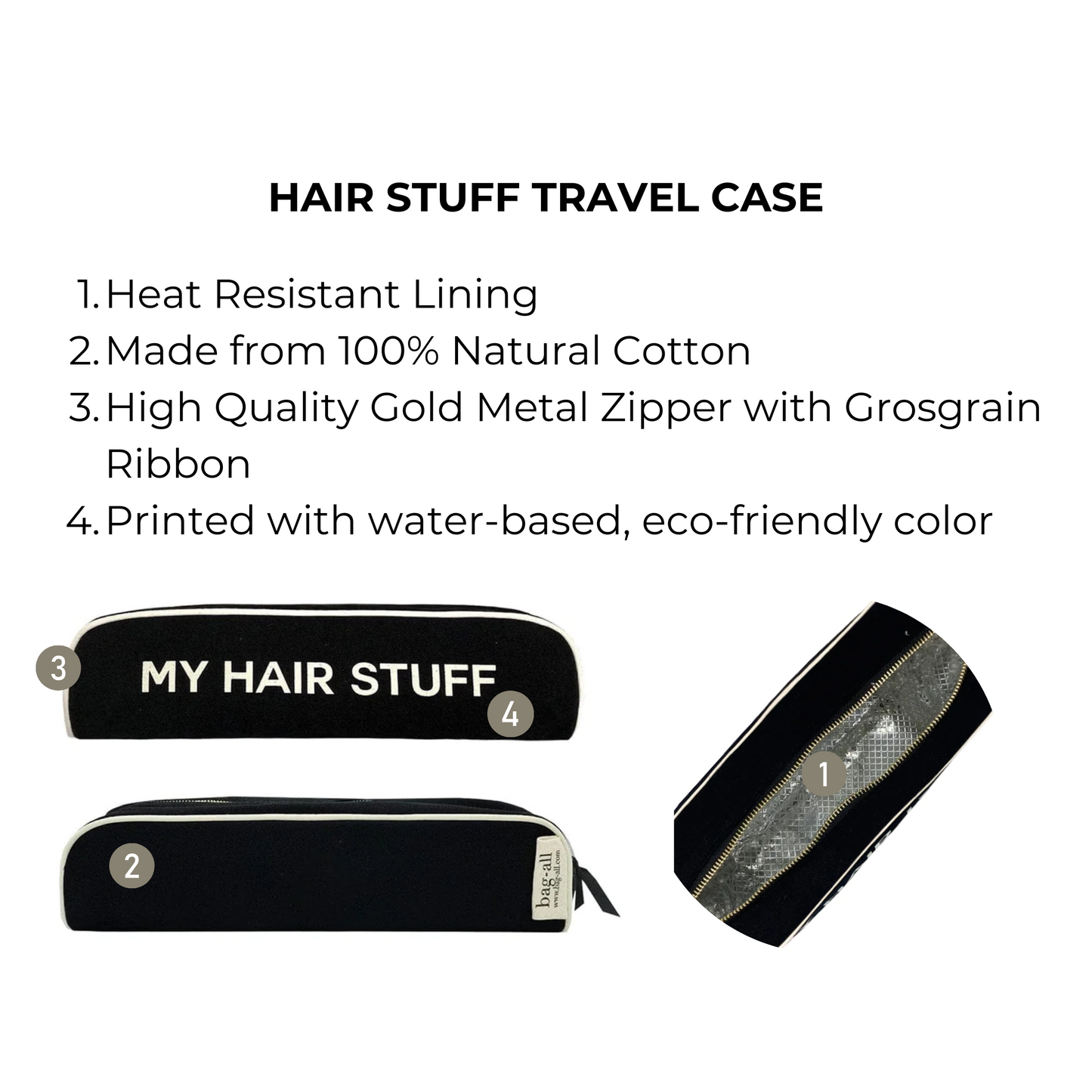 Bag-all Hair Stuff Travel Case in black with heat-resistant lining, natural cotton material, gold zipper detail, and eco-friendly text. Perfect for storing styling tools and accessories.