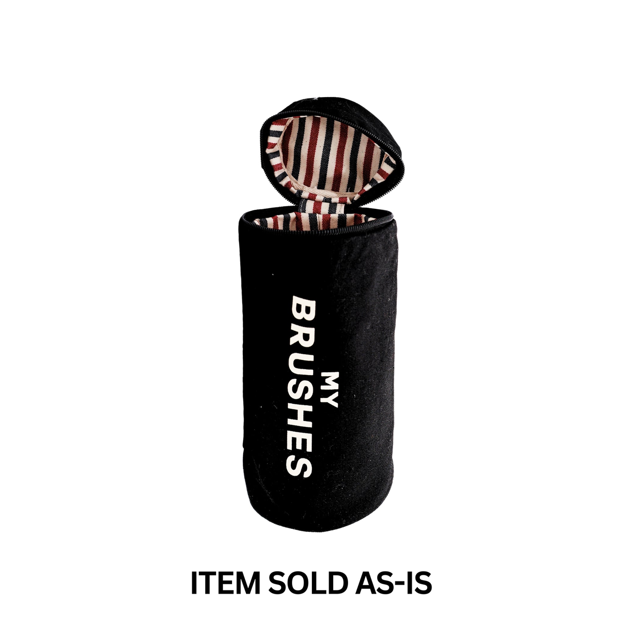 Bag-all black brush holder case with striped lining and MY BRUSHES print, sales bin item sold as-is