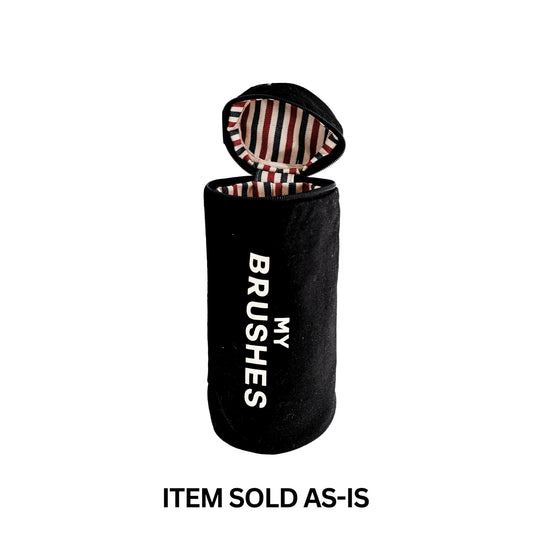 Bag-all black brush holder case with striped lining and MY BRUSHES print, sales bin item sold as-is