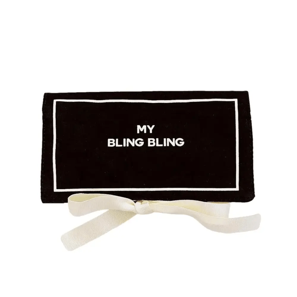 Black Bag-all Bling Bling jewelry case with white trim and ribbon tie for stylish travel and storage