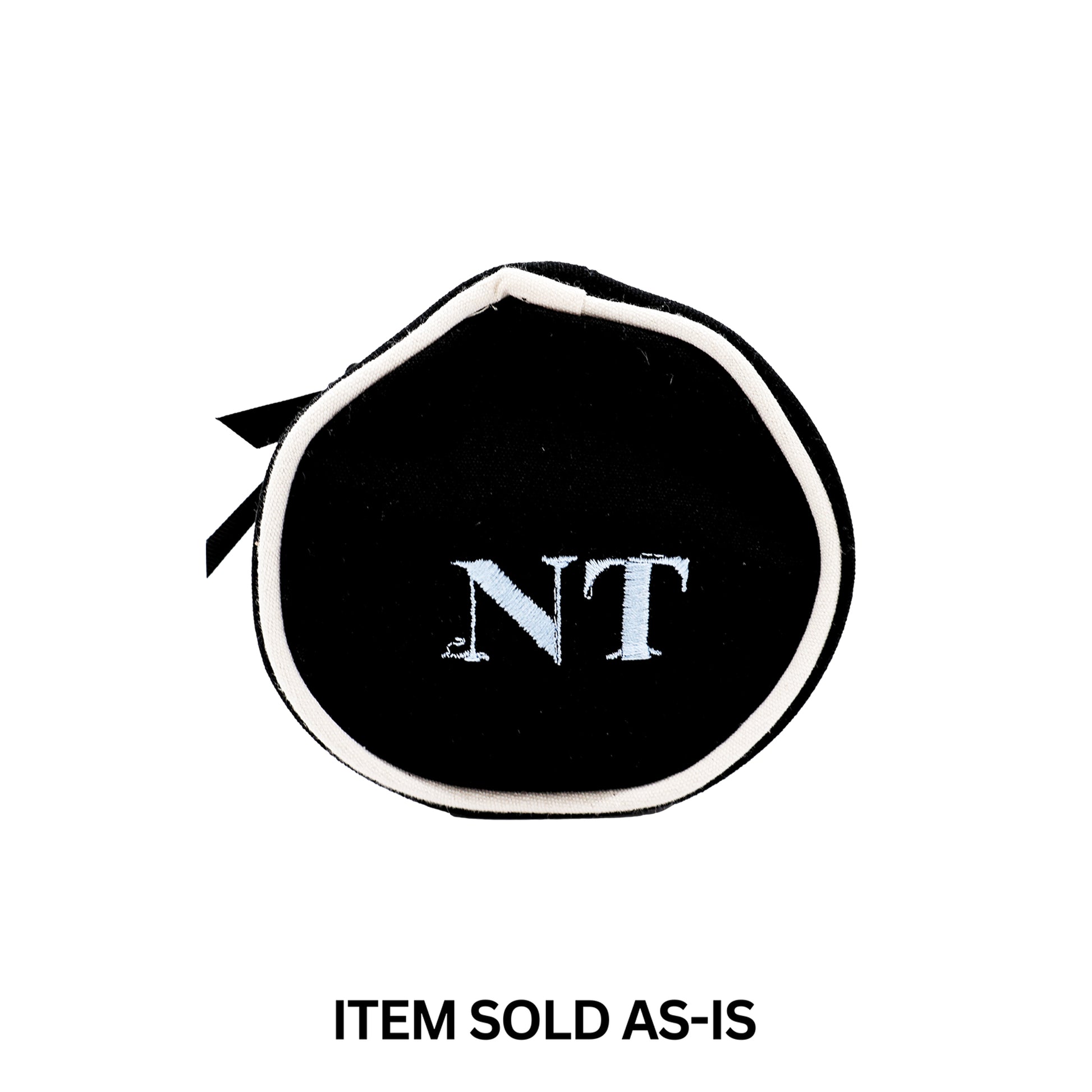 Black round perfume case with faulty blue NT monogram off-center, Bag-all final sale item sold as-is