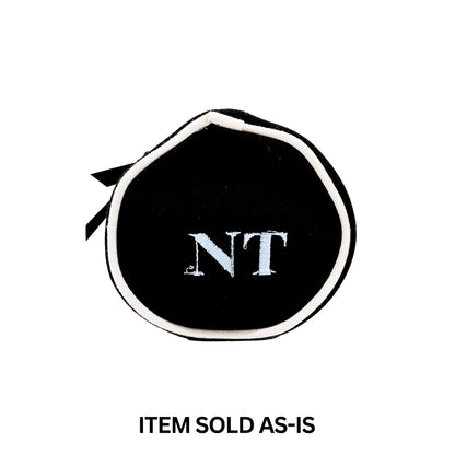 Black round perfume case with faulty blue NT monogram off-center, Bag-all final sale item sold as-is