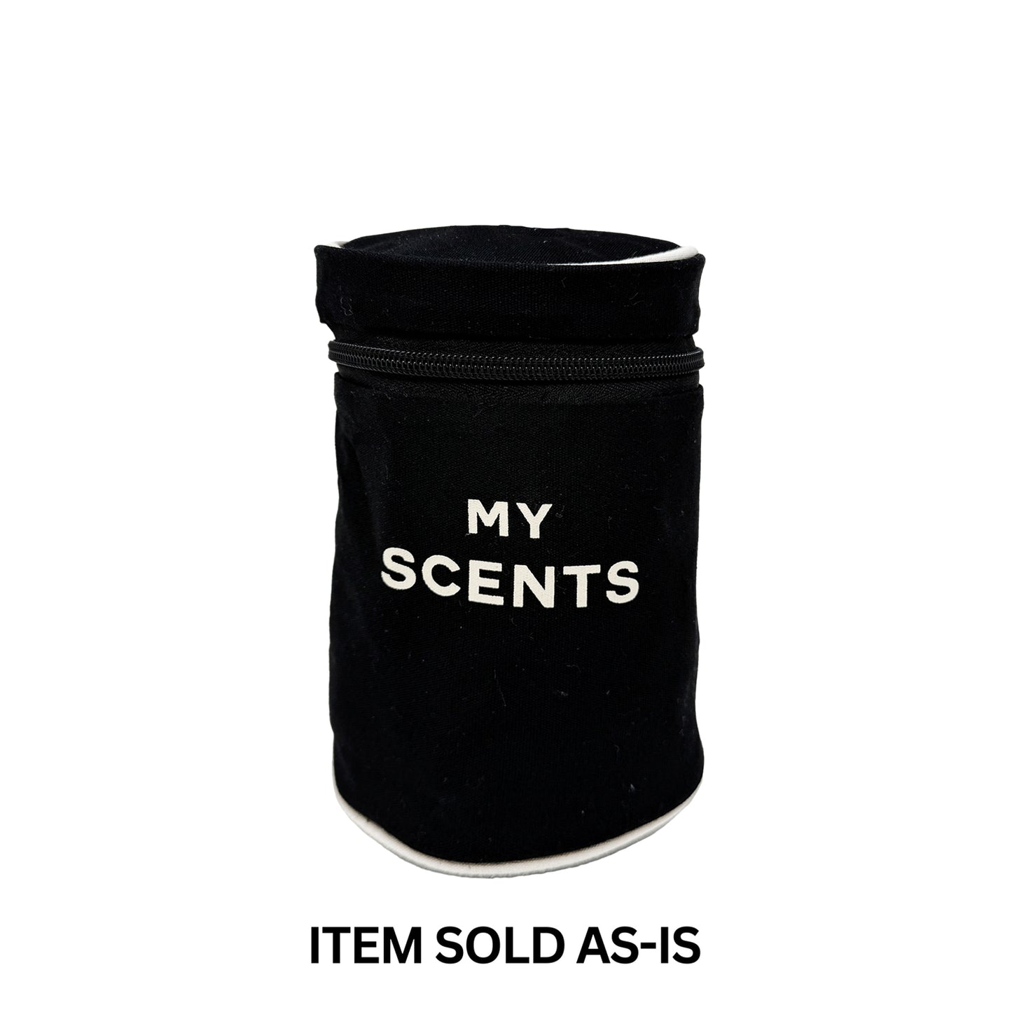 Bag-all black round perfume case with faulty blue monogram, compact and stylish storage for scents final sale item