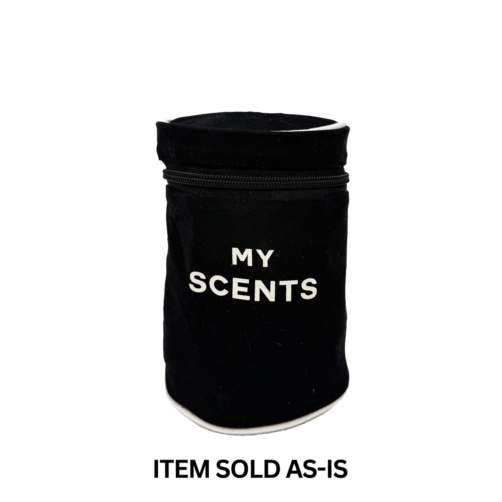 Bag-all black round perfume case with faulty blue monogram, compact and stylish storage for scents final sale item