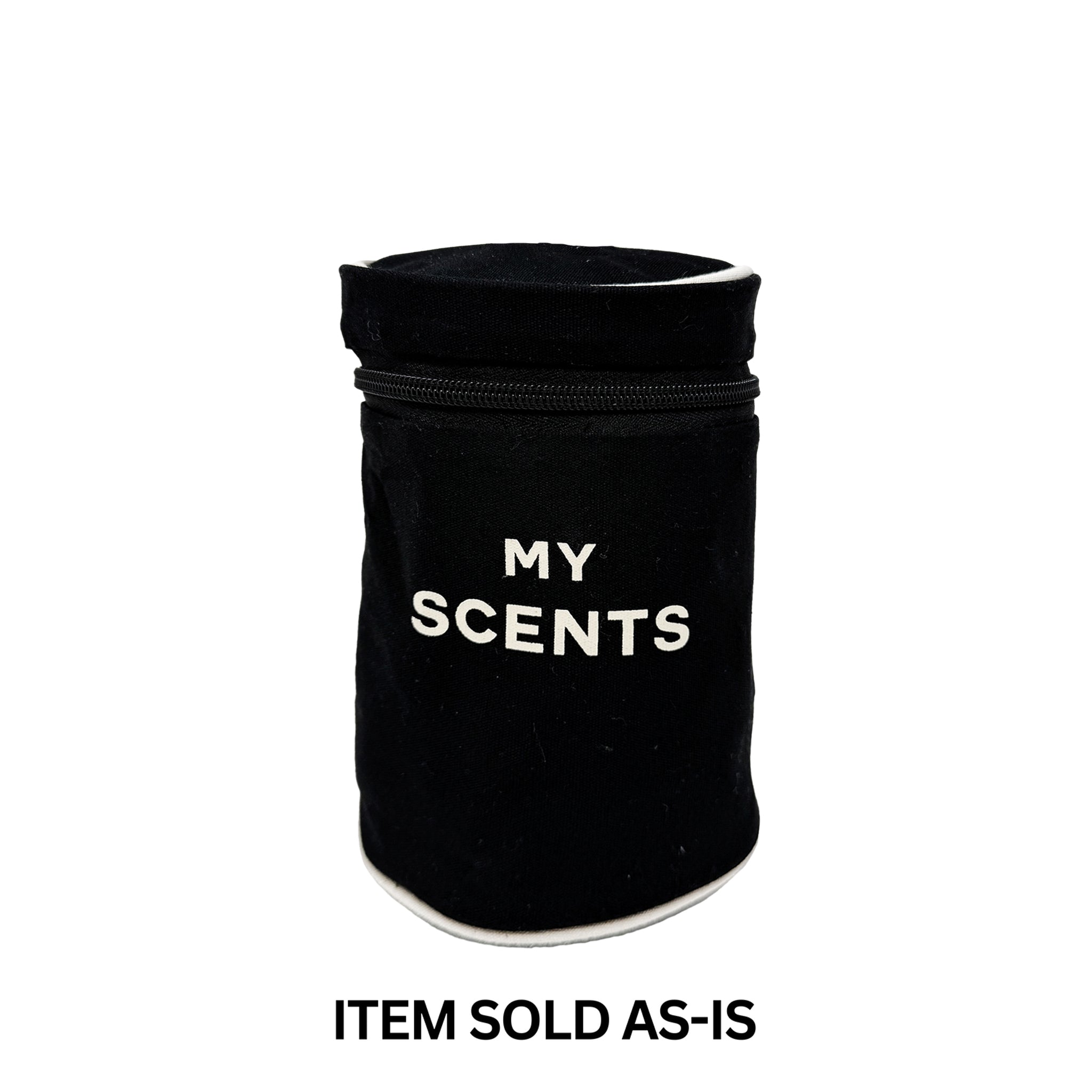 Bag-all black round perfume case with faulty blue monogram, compact and stylish storage for scents final sale item